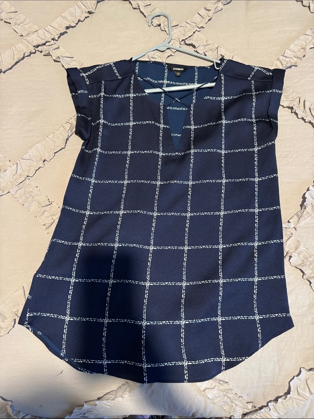 Express Navy Windowpane Cap Sleeve Top